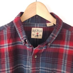 RED HEAD Plaid Flannel Long Sleeve Button Up Shirt Men Size L Red Blue